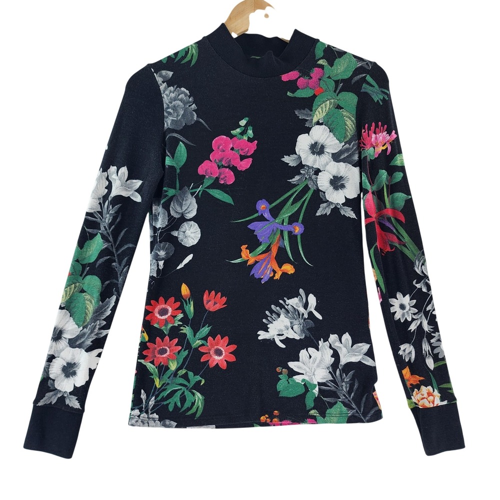 Desigual Turtleneck Indiana Women S Black Floral Mock Neck Made Spain Viscose
